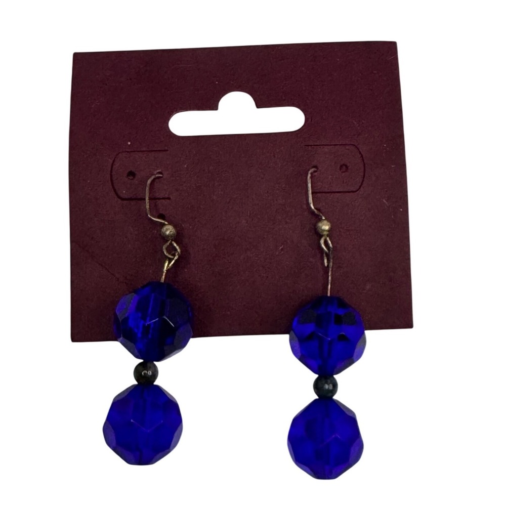 Cobalt Blue Faceted Bead Drop Earrings Dangle Fishhook Jewel Tone Boho Retro Y2K